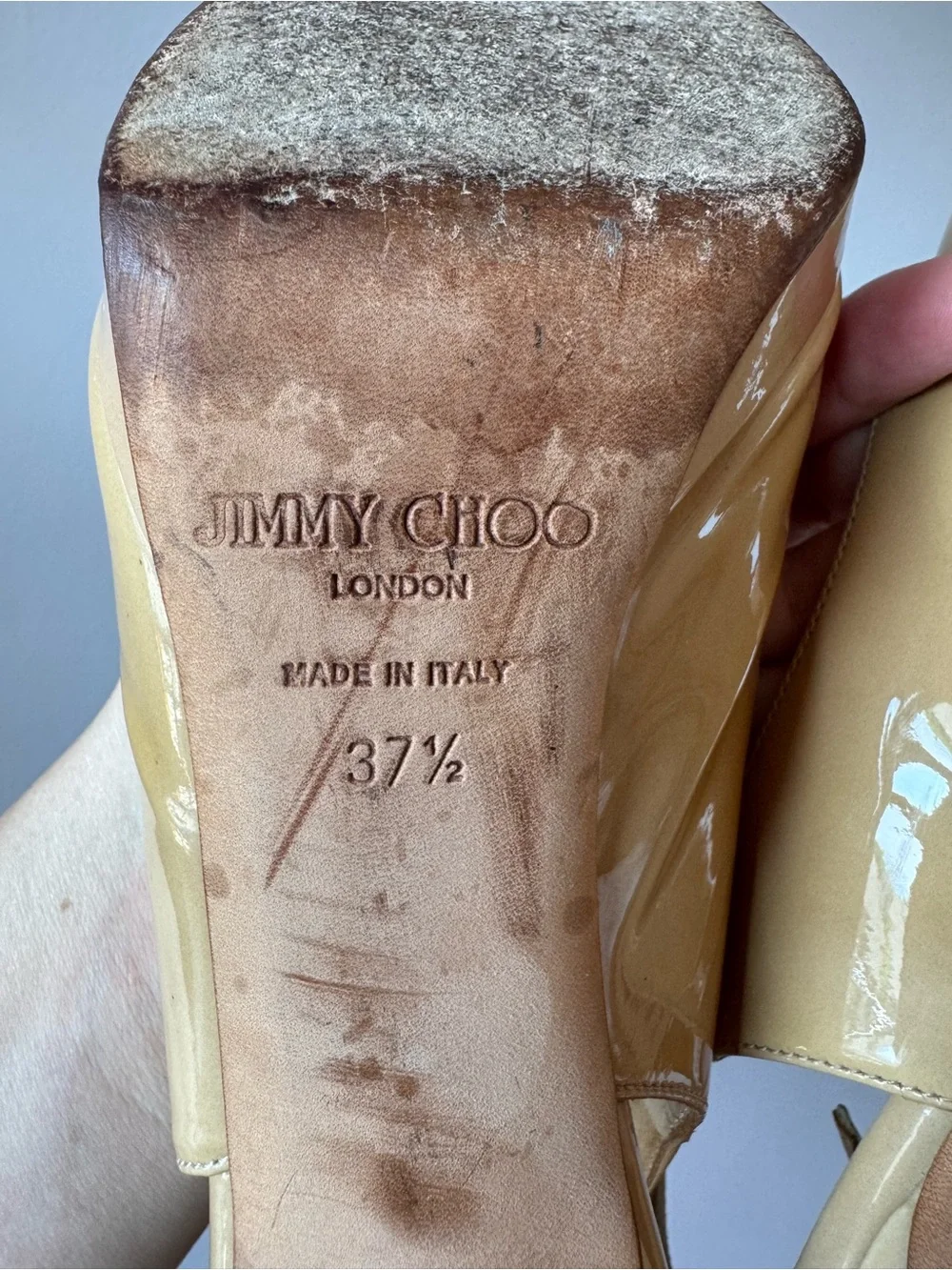 Jimmy Choo Women’s Nude‎ Patent Leather Peep Toe Slingback Heels Pumps Size 37.5